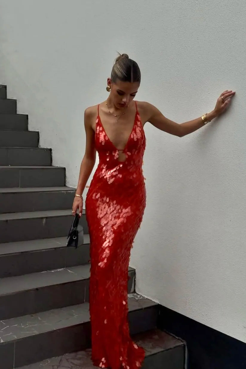 Brielle – Sequin Slip Gown in Scarlet
