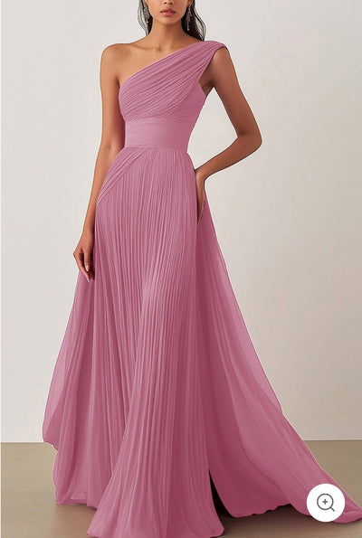 Heidi – One-Shoulder Pleated Chiffon Gown