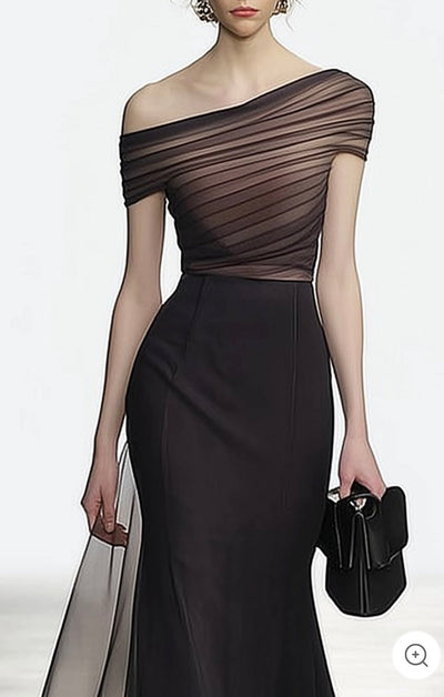 Melora – Sheer Off-Shoulder Black Gown