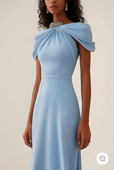 Annika – Soft Blue Draped Shoulder Gown