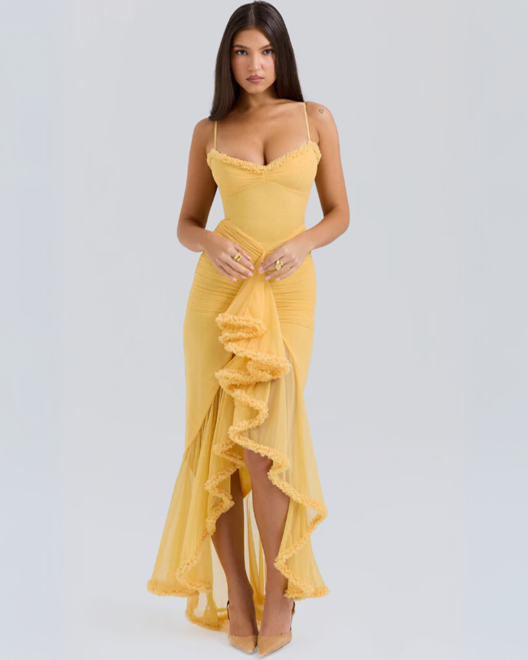 Bryony – Ruffle Drape Satin Gown
