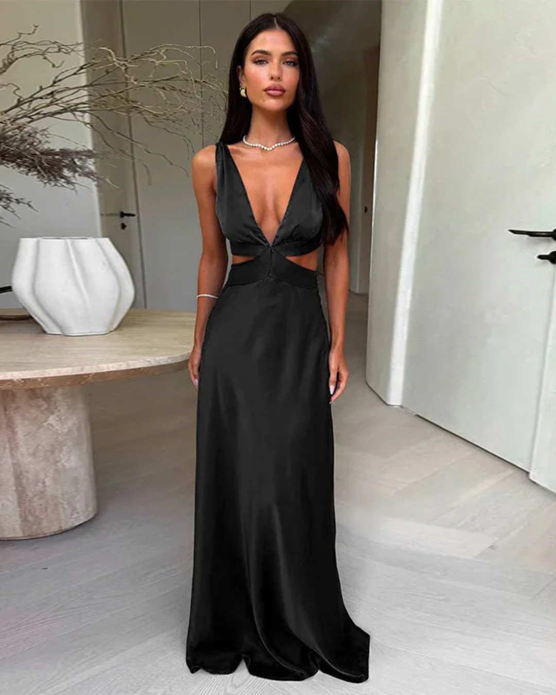 Milena – Satin Plunge Neck Evening Gown for Women