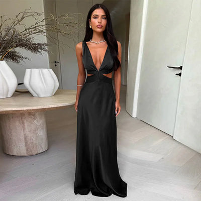 Milena – Satin Plunge Neck Evening Gown for Women