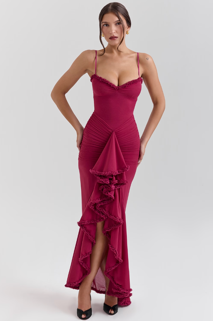 Bryony – Ruffle Drape Satin Gown