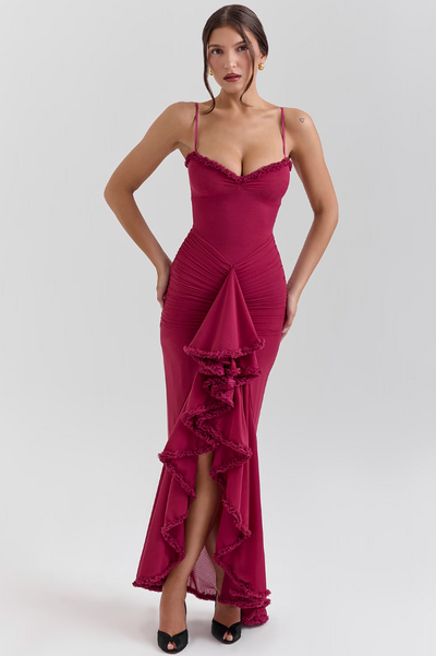 Bryony – Ruffle Drape Satin Gown