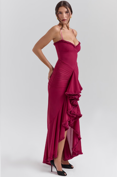 Bryony – Ruffle Drape Satin Gown