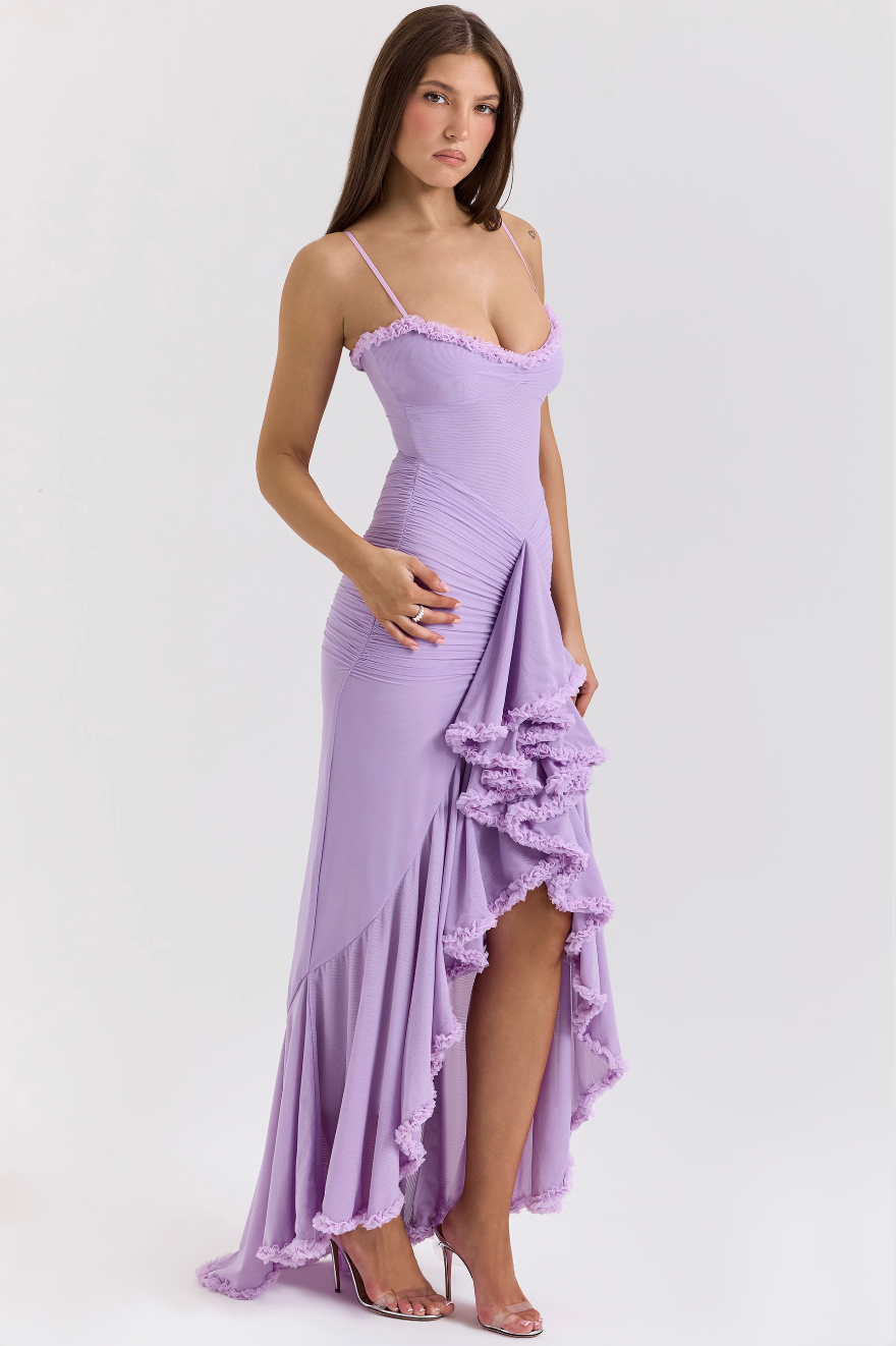 Bryony – Ruffle Drape Satin Gown