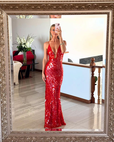 Brielle – Sequin Slip Gown in Scarlet