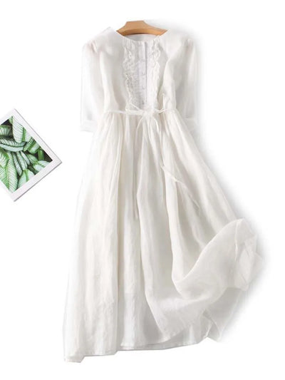 Arya - Womens Art Retro Round Neck Lace Up Waist Dress