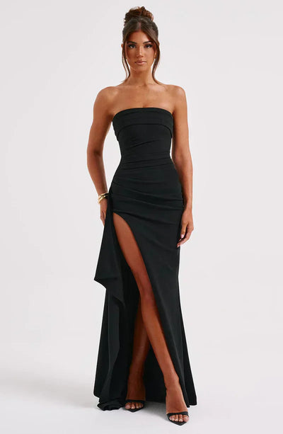 Mahulena – Strapless Draped Slit Gown for Women