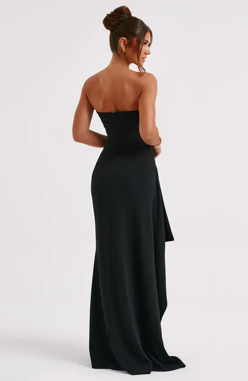 Mahulena – Strapless Draped Slit Gown for Women