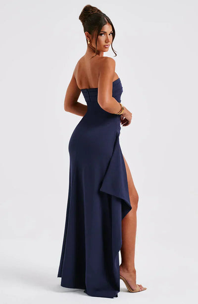 Mahulena – Strapless Draped Slit Gown for Women